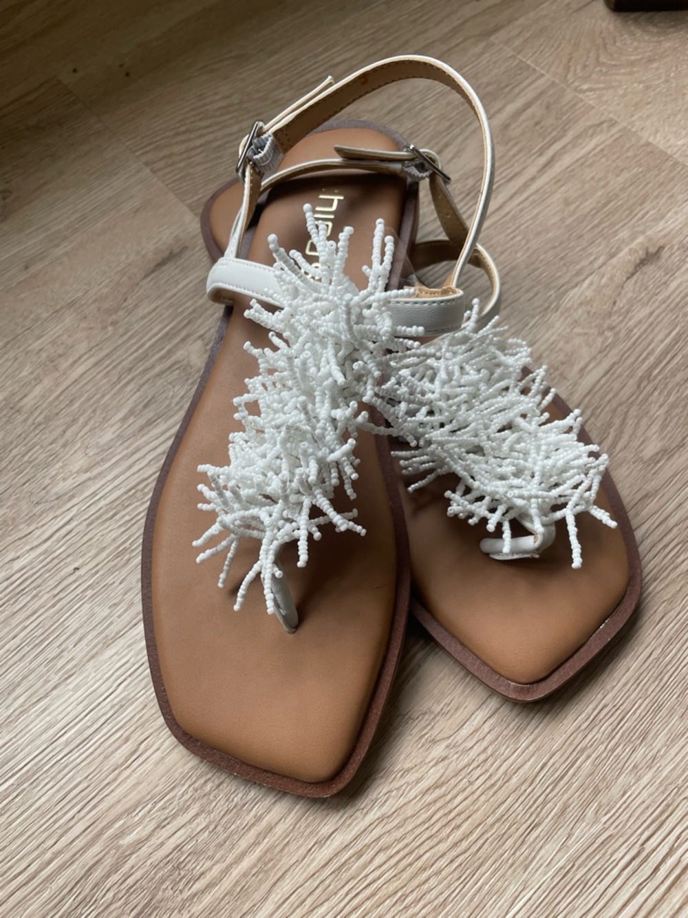Chico's White Beaded T-Strap Sandals with Tan Footbed